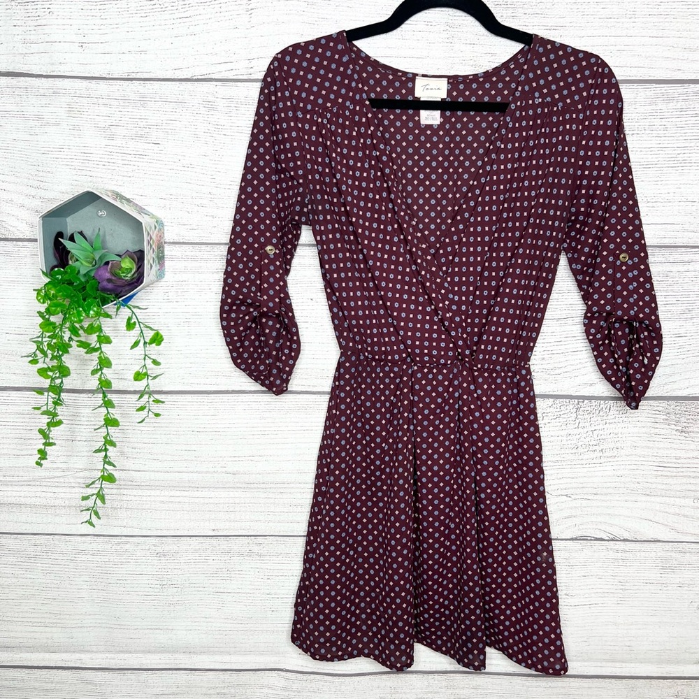 Tovia Brown & Blue Printed Long Sleeve Faux Wrap Mini Dress Size Small